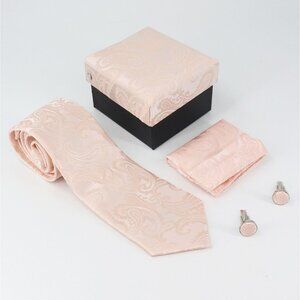 NEW 3 Pc Boxed Gift Tie Set Coordinated Cuff Link Hankerchief Pink Pastel